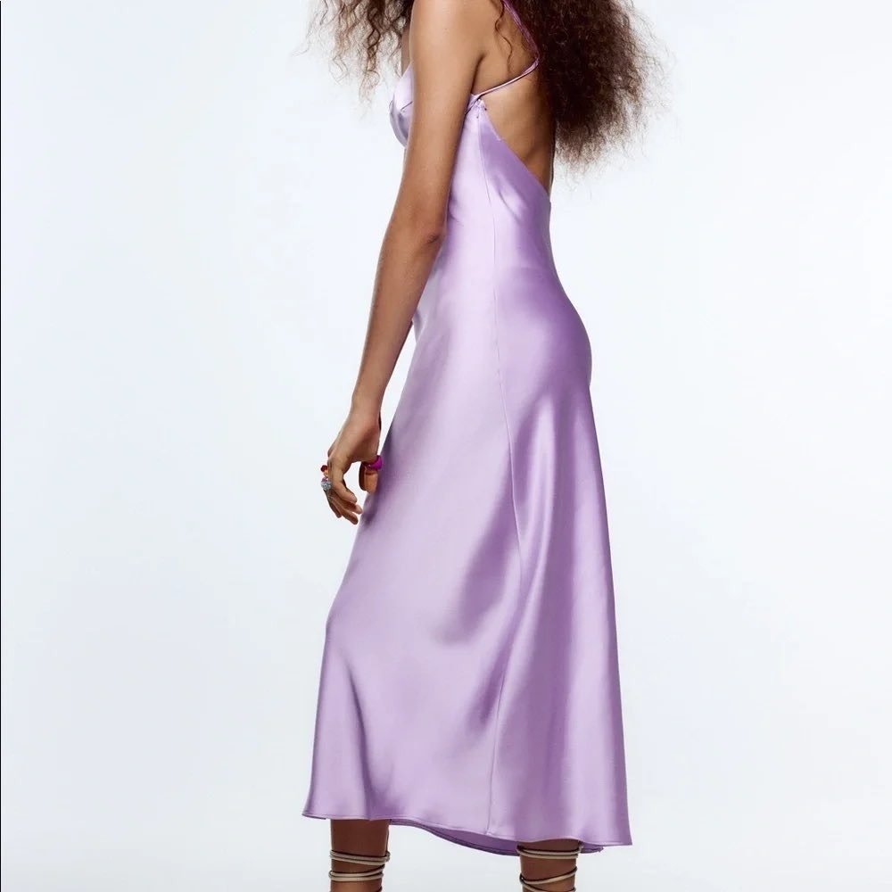 NWT Zara Lilac Purple Satin Strappy Slip Midi Dress Straps Women 3304 361 XS - Picture 6 of 8